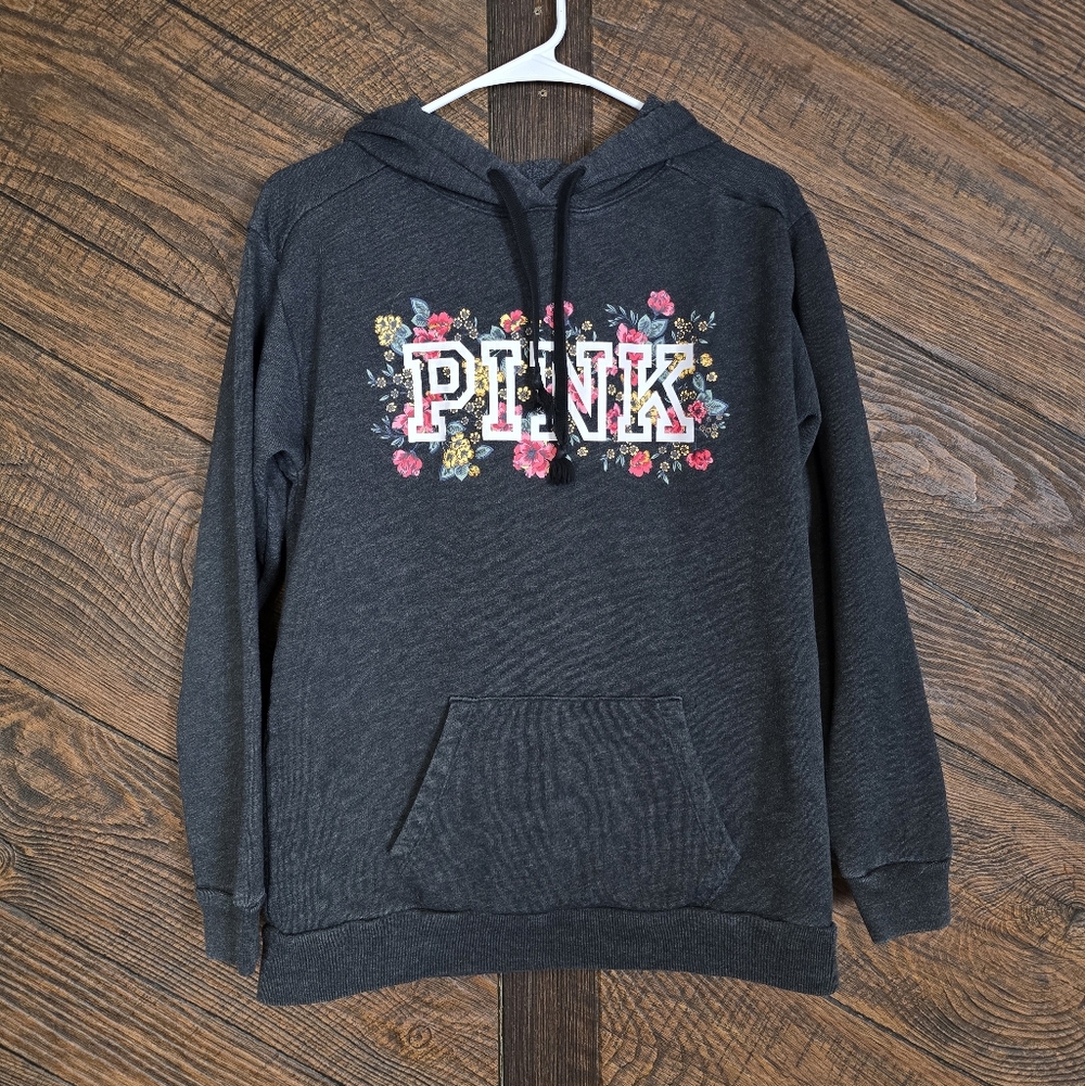 PINK Victoria's Secret Dark Gray Floral Hoodie Size XS Oversized